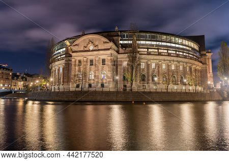 View Of Swedish Parliament House Riksdagshuset In Stockholm At Night.