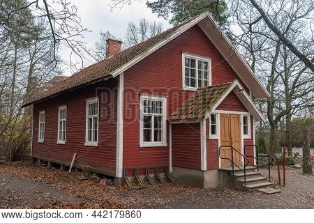 Stockholm, Sweden - November 21, 2018. Exterior View Of The Village Hall, Dating From 1908, At Skans