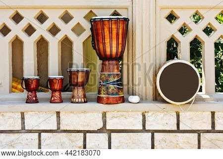Turkish Drums Of Different Size And Tambourine Are On Street For Sale. Traditional Music Instruments
