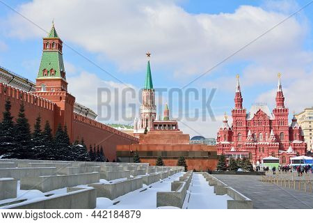 View Of The Red Square In Moscow, With Kremlin, Lenin's Mausoleum And State Historical Museum In The