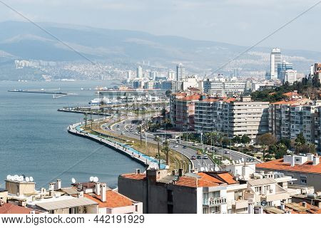 Izmir, Turkey - March 2, 2019. View Over Konak District Of Izmir, With Residential Buildings, Cars A