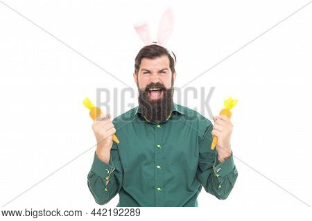 Feeling Joy About Holiday. Eastertide. Happy Bearded Man Wear Bunny Ears. Finally Happy Easter.