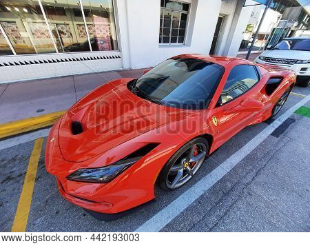 Los Angeles, California Usa - March 24, 2021: Red Ferrari F8 Tributo Luxury Sport Car Up Corner View