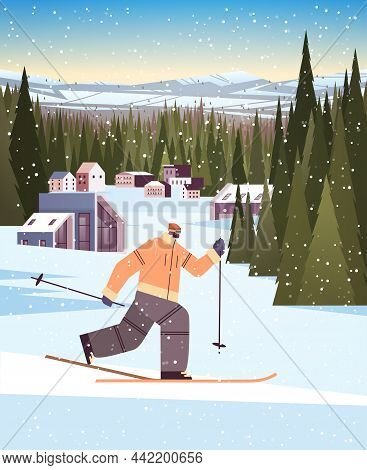 Skier Man Sliding Down Sportsman Skiing Doing Activities Winter Vacation Concept Snowfall Landscape 
