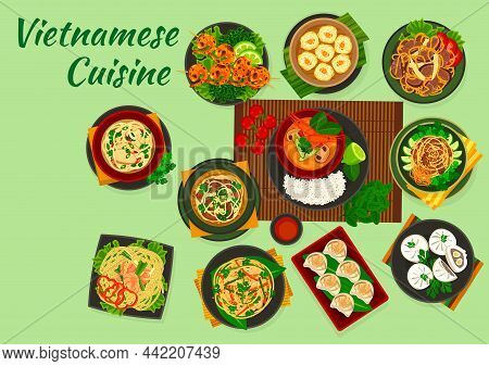 Vietnamese Cuisine Food Of Vector Meat, Seafood And Vegetable Asian Dishes. Soup Pho With Chicken, S
