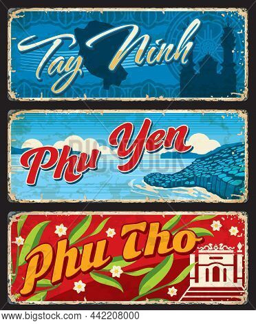 Tay Ninh, Phu Yen And Phu Tho Vietnamese Regions Vintage Plates And Vector Travel Stickers. Vietnam 