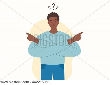 Young African-american Makes Choice By Pointing His Hands To The Right And To The Left. Making Decis
