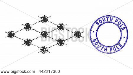 Puzzle Grid Layer Nodes Mosaic Icon With South Pole Seal Stamp. Blue Vector Round Scratched Seal Sta