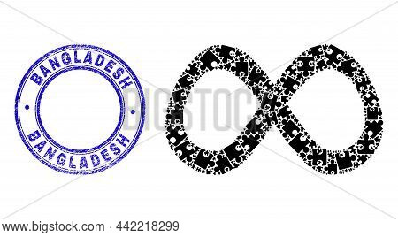 Puzzle Curve Infinity Mosaic Icon With Bangladesh Seal Stamp. Blue Vector Round Textured Seal With B