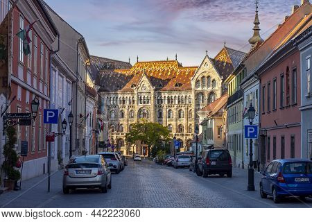 Budapest, Hungary - October 2021: National Archives Of Hungary Building And Streets Of Buda Hill
