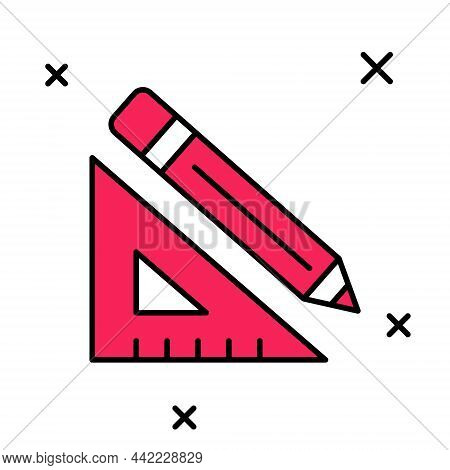 Filled Outline Triangular Ruler And Pencil Icon Isolated On White Background. Straightedge Symbol. D