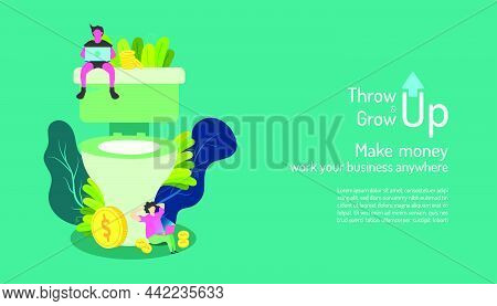 Throw Up And Grow Up. Two Human Looking At Laptop Analyze And Develop Process Job. Business Marketin