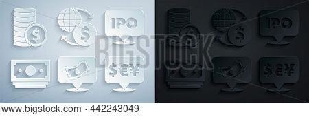 Set Stacks Paper Money Cash, Ipo, Currency Exchange, Money And Coin With Dollar Icon. Vector