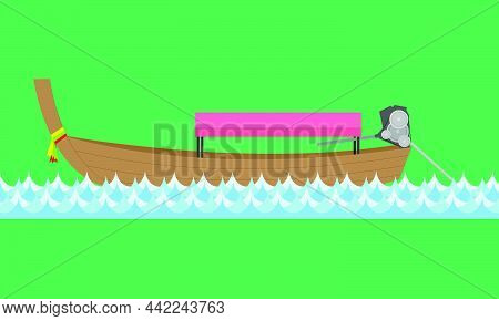 Long Tail Boat Taxi Tourist Sea Travel With Blue River. Vector Illustrator Eps10
