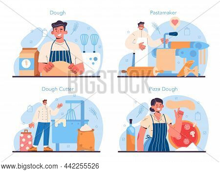 Dough Products Making Set. Baking Industry, Pastry Baking Process.