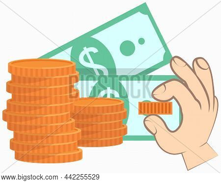 Gold Coin With Dollar Sign, Paper Notes Isolated On White. Human Hand Holding Shiner. Piece Of Money