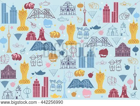 Macau Cartoon Illustration. Macau, China Line Drawing. Modern Style Macau City Illustration. Hand Sk
