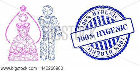 Vector Network Newlyweds Frame, And 100 Percents Hygenic Blue Round Textured Stamp Seal. Crossed Fra