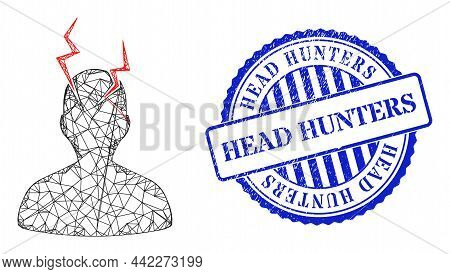 Vector Crossing Mesh Head Migrain Sick Model, And Head Hunters Blue Rosette Textured Stamp Seal. Hat