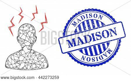 Vector Net Head Migrain Strikes Frame, And Madison Blue Rosette Grunge Seal Imitation. Crossed Carca