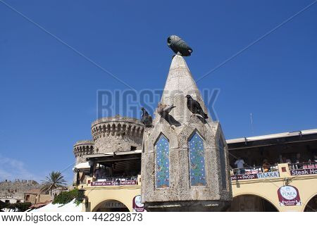 Rhodes Island - Greece - September 10 2010 : Beautiful Historic Fountain, Hippocrates Square In The 
