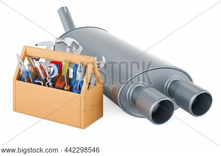 Exhaust Pipe With Toolbox. Service And Repair Of Car Exhaust Pipe. 3d Rendering Isolated On White Ba