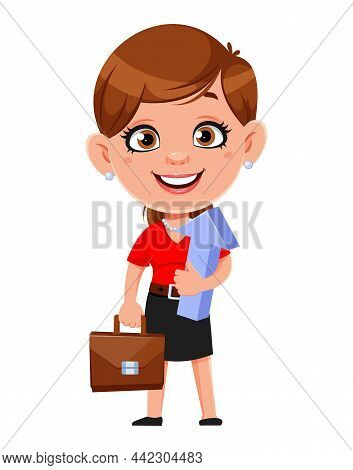 Cartoon Business Woman Holding Briefcase And Arrow. Cheerful Businesswoman Cartoon Character. Stock 