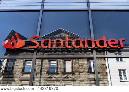 Giessen, Germany - 2021_04_09: A Sign For A Santander Bank Outlet In The City Giessen.