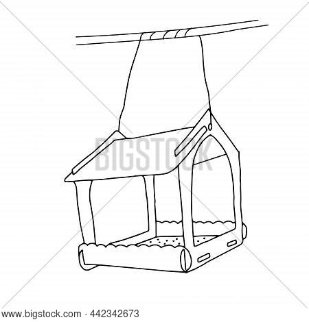 Black Hand Drawn Outline Vector Illustration Of A Birdhouse For Birds From New Boards Is Hanging On 