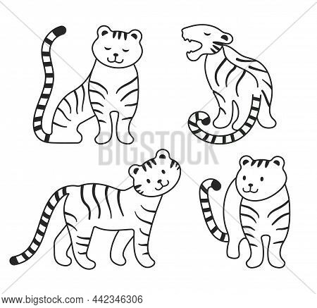 Otlined Vector Tigers Set. Different Poses. Mobile Template Design. Vector Icon. Modern Design Eleme