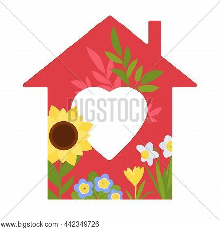 Home With Heart Sign Colorful Icon On White Background. Spring Floral Decorated House. Vector Illust