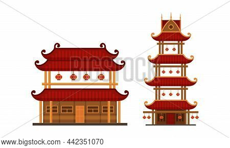 Pagoda As Tiered Tower With Multiple Eaves As Asian Architecture Vector Set