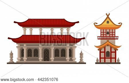 Pagoda As Tiered Tower With Multiple Eaves As Asian Architecture Vector Set