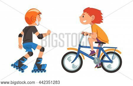 Boy And Girl Riding Bike And Roller Skates Vector Set