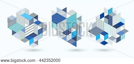 Line Design 3d Cubes And Triangles Abstract Backgrounds Set, Polygonal Low Poly Isometric Retro Styl