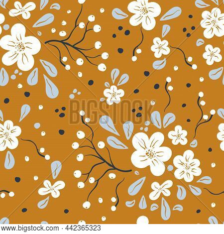 Vector Seamless Pattern With Hand-drawn Flowers, Berries And Leaves. Pattern In Desset Yellow Navy B
