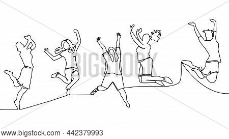 Continuous Line Drawing Of Four Jumping Happy Team Members