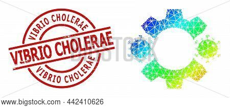 Vibrio Cholerae Scratched Stamp, And Low-poly Spectrum Colored Virus Nanobot Icon With Gradient. Red