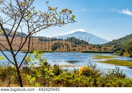 View Of Biviere Lake With Etna Volcano, Nebrodi National Park, Sicily, Italy
