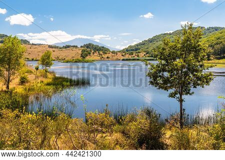 View Of Biviere Lake With Etna Volcano, Nebrodi National Park, Sicily, Italy