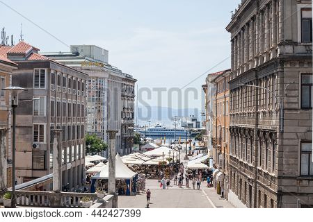 Rijeka, Croatia - June 18, 2021: Typical Street Of The City Center Of Rijeka, With Stairs And Large 