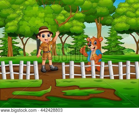 Cartoon Zoo Keeper Meeting A Sun Bear In A Forest