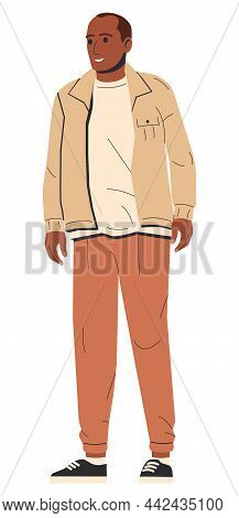 African American Man Isolated. Stylish Black Skin Guy In Summer Jacket And Pants. Elegant Smiling Ma