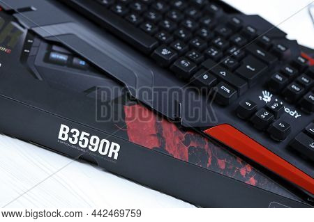 Kharkov, Ukraine - March 14, 2021: A4tech Bloody Series B3590r Gaming Keyboard For Cybersports And E