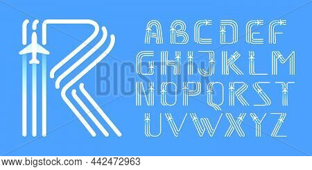 Alphabet Made Of Three Parallel Lines With A Plane Icon. Vector Emblem For A Travel App, Jet Company