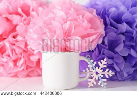 Romance Mockup Of White Mug On A Pink And Lilac Paper Flowers Background For Christmas Or New Year E