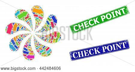 Down Direction Icon Multi Colored Exploding Motion Flower Fireworks Shape, And Grunge Check Point Se