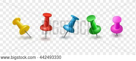 Pushpins In Different Colors Sticking Out Of The Paper, Realistic Vector Illustrations