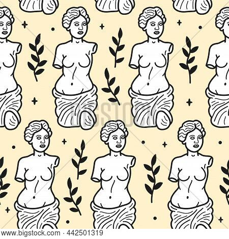 Ancient Greek Venus Statue Different Color Seamless Pattern. Vector Hand Drawn Doodle Line Cartoon C