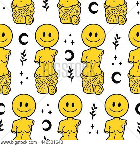 Ancient Greek Venus Statue With Smile Emoji Face Seamless Pattern. Vector Hand Drawn Doodle Line Car